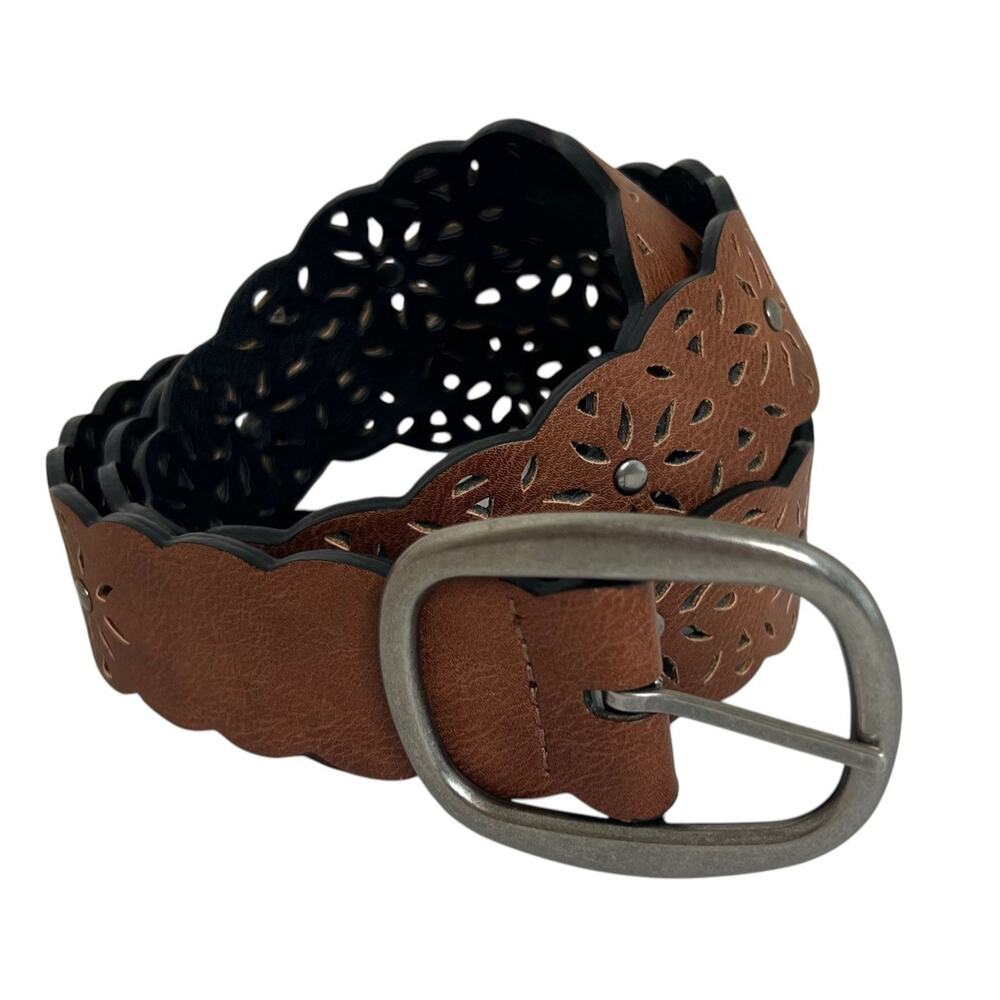 Womens Brown Cutout Floral Belt Silver Tone Buckle Unbranded Boho Western